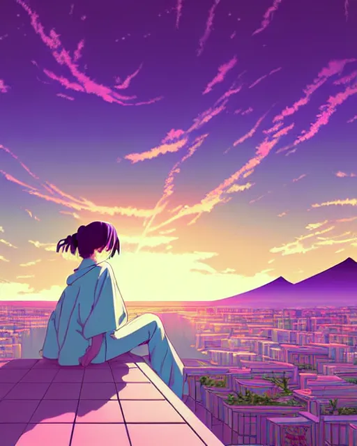 Prompt: detailed aesthetic vaporwave illustration of a girl sitting on the library anime digital art award winning scenery cinematic scene sunrise in japan by studio ghibli