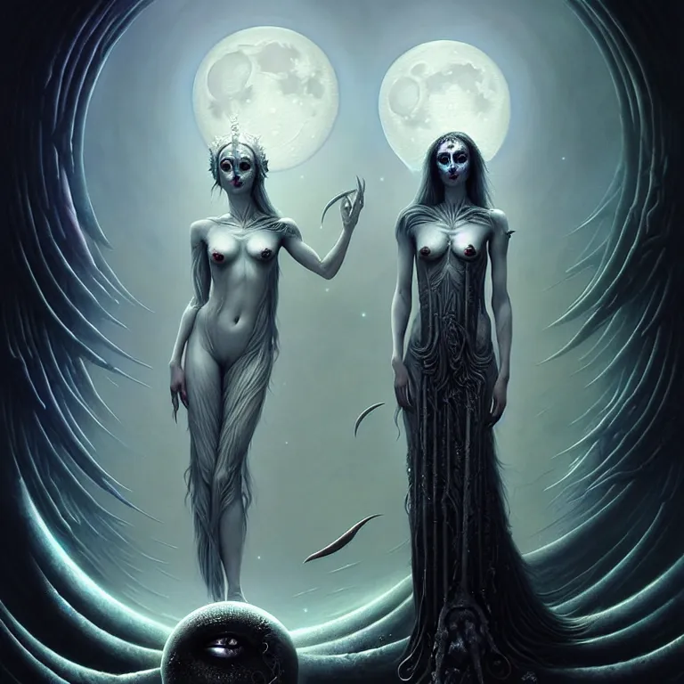 Image similar to skewed in the void, hr giger and cgsociety. one stunning luna goddess of personification of the moon by charlie bowater and tom bagshaw, insanely detailed, artstation, space art. sparkling flower fractules surrounded by skulls and robots deep under the sea, horror, fantasy, surrealist painting, by peter rohrabacher annatto finnstark