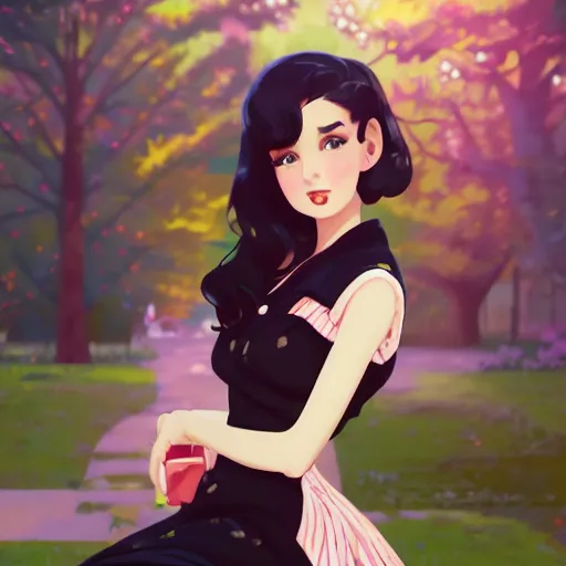 Prompt: portrait of a beautiful girl with dark hair dressed in 1950's fashion, park background, rich vivid colors, ambient lighting, dynamic lighting, 4k, official media, anime key visual, makoto shinkai, ilya kuvshinov, lois van baarle, rossdraws, detailed, trending on artstation