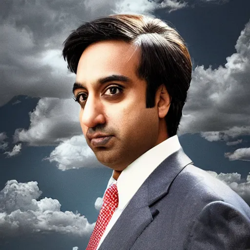 Image similar to Raj Koothrappali as Saul Goodman, promo poster, clouds in the background, cinematic light, 35 mm, film grain, movie, realistic, detailed face