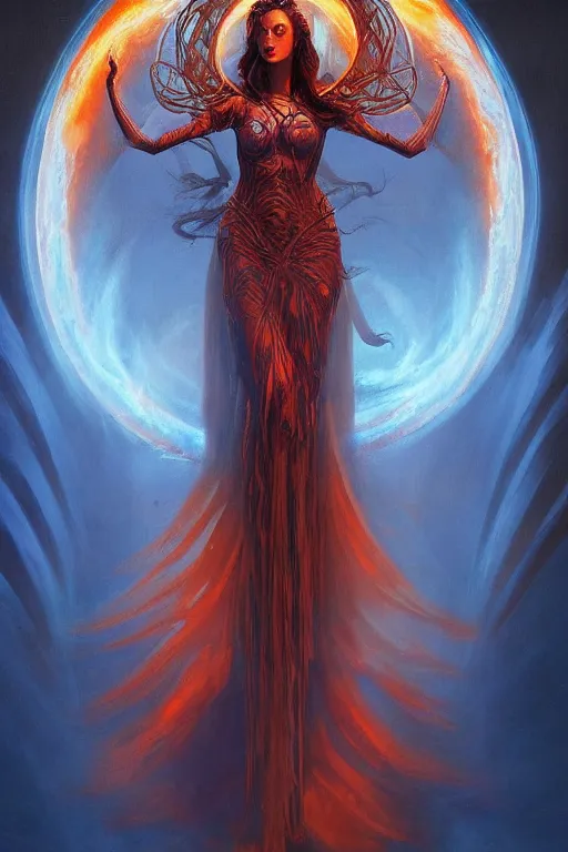 Image similar to beautiful powerful symmetrical gothic goddess of fire stands in a vortex of fire, matte fantasy painting, dynamic gel lighting, by Brom