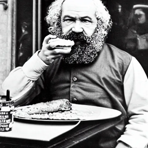 Prompt: Statue of Karl Marx eating a burger at McDonald's, photo