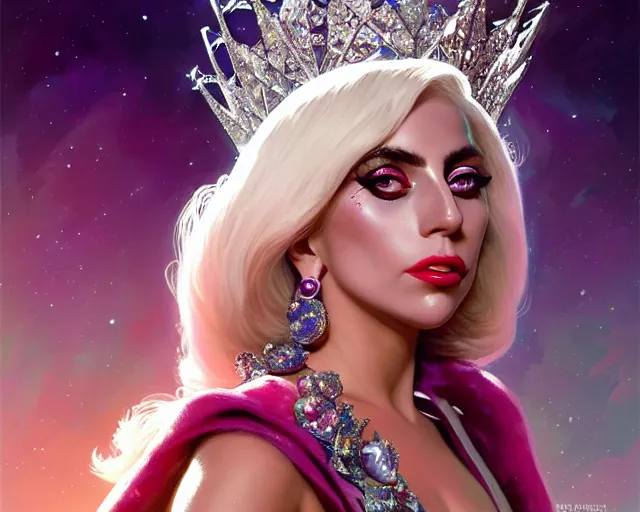 Prompt: lady gaga as miss universe, 8 k, deep focus, d & d, fantasy, intricate, elegant, highly detailed, digital painting, artstation, concept art, matte, sharp focus, illustration, hearthstone, art by artgerm and greg rutkowski and alphonse mucha