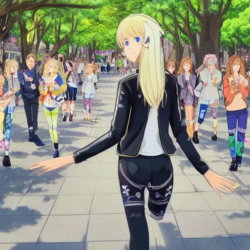 Image similar to blonde - haired princess, anime princess, wearing black jacket and white leggings, looking through crowd, town street, festival street, trees, green trees, blue lighting, blue sunshine, strong lighting, strong shadows, vivid hues, ultra - realistic, sharp details, subsurface scattering, intricate details, hd anime, 2 0 1 9 anime