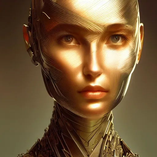 Image similar to headshot of humanoid robot from ex machina, intricate, headshot, highly detailed, digital painting, artstation, concept art, sharp focus, cinematic lighting, illustration, art by artgerm and greg rutkowski, alphonse mucha, cgsociety