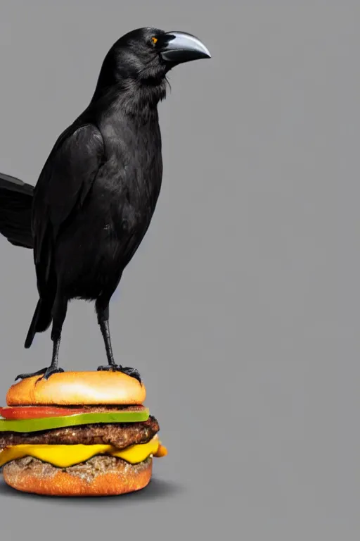 Prompt: a crow holding a cheeseburger, 3D render by beeple , octance render