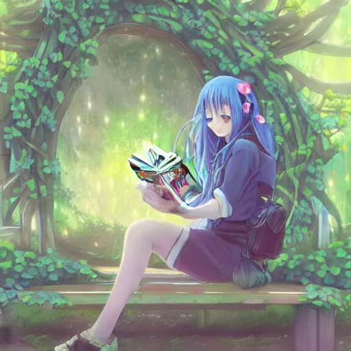 Image similar to advanced digital art. an abandoned train station overgrown with vines and flowers, A beautiful girl with long blue hair is sitting on a bench reading. Digital Anime painting. Drawn by Sakimichan, WLOP, RossDraws, pixivs and Makoto Shinkai, trending. —H 2160