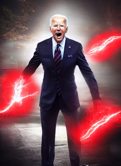 Image similar to hyper realistic ultra realistic godlike photo furious red glowing eyes biden, high quality photo, detailed , 8k