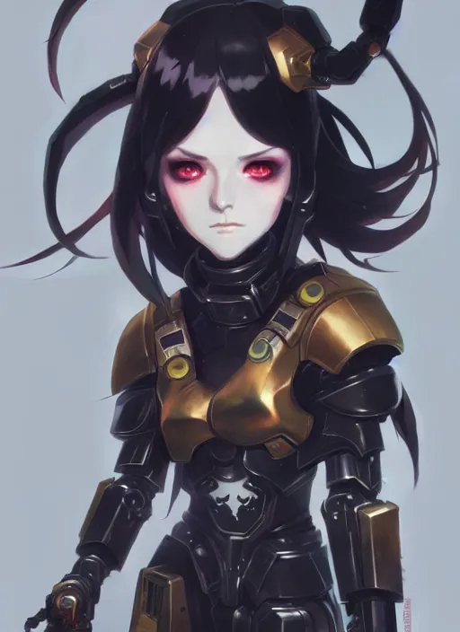 Image similar to portrait of cute goth girl in cyber armor, warhammer 4 0 0 0 0, illustration concept art anime key visual trending pixiv fanbox by wlop and greg rutkowski and makoto shinkai and studio ghibli