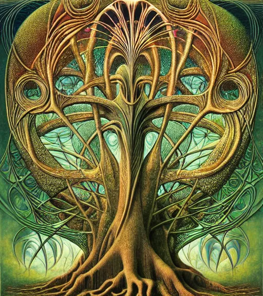 Image similar to tree of life by roger dean and andrew ferez, art forms of nature by ernst haeckel, divine chaos engine, symbolist, visionary, art nouveau, botanical fractal structures, organic, detailed, realistic, surreality