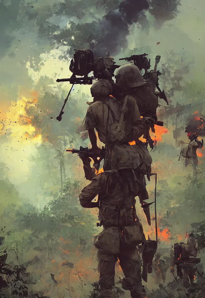 Prompt: ismail inceoglu epic painting of vietnam war, year 1 9 7 0, jungle, fire smoke and explosions, painting, line art, art concept for a book cover, trending on artstation, by greg manchess and by craig mullins and by kilian eng and by jake parker