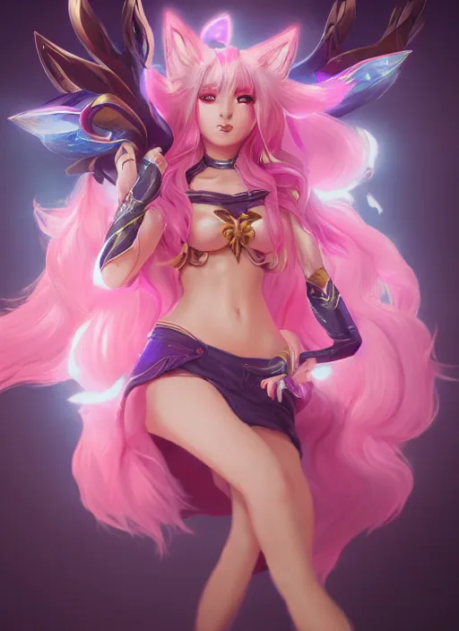 Image similar to ahri, from league of legends, pink heart skill, hyper detailed, digital art, trending in artstation, cinematic lighting, studio quality, smooth render, unreal engine 5 rendered, octane rendered, art style by klimt and nixeu and ian sprigger and wlop and krenz cushart