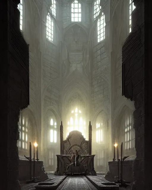 Prompt: middle ages throne room, empty, dim light | | realistic shaded, fine details, realistic shaded lighting poster by greg rutkowski, diego gisbert llorens, magali villeneuve, artgerm, jeremy lipkin and rob rey