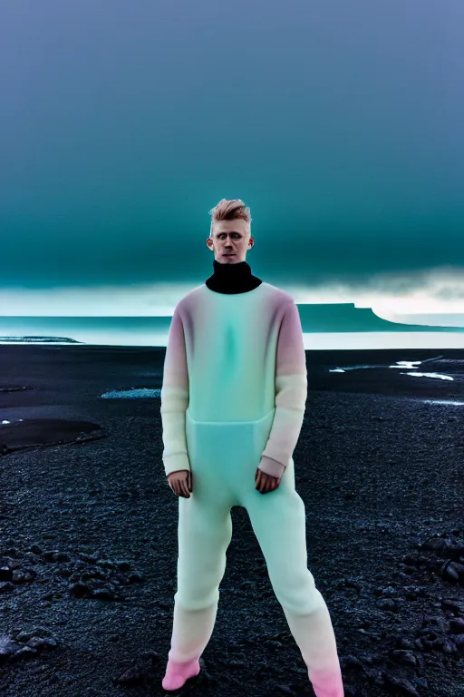 Image similar to high quality pastel coloured film wide angle selfie photograph of an male cyber model standing in an icelandic black rock environment. three point light. photographic. art directed. pastel colours. volumetric light. stark. waves glitch. 8 k. filmic.