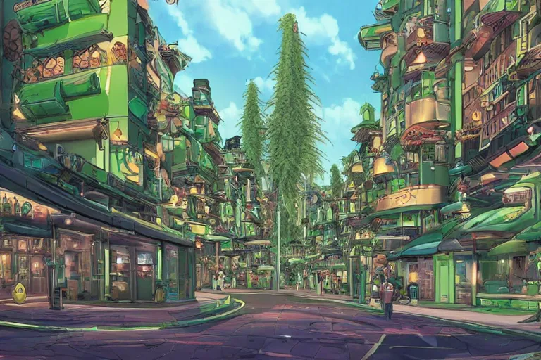 Image similar to an optimistic futuristic cannabis city street with hemp leaf pop motifs, by ghibli