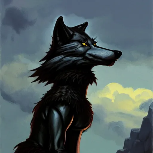 Prompt: an anthropomorphic wolf in a black doublet looking out over the hills, artstation hq, stylized, sharp focus, concept art, furaffinity fursona, furry, anthropomorphic, by gregory manchess and norman rockwell, rim lighting