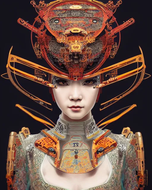 Image similar to portrait of a cyberpunk machine, machine face, upper half portrait, decorated with chinese opera motifs, asian, fine china, wuxia, traditional chinese art, intricate, elegant, highly detailed, symmetry, headpiece, digital painting, artstation concept art smooth sharp focus, illustration, art by artgerm and greg rutkowski alphonse mucha 8 k