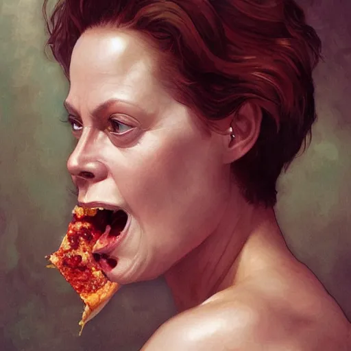 Image similar to portrait of Sigourney Weaver opening his mouth to eat pizza, highly detailed, digital painting, artstation, concept art, sharp focus, illustration, art by artgerm and greg rutkowski and alphonse mucha