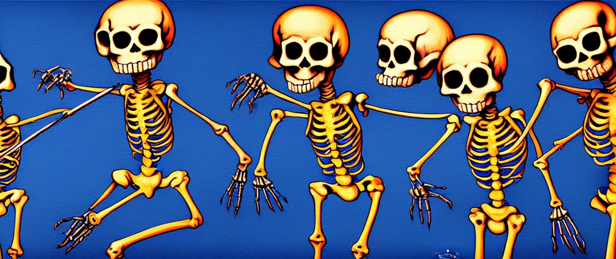 Image similar to hyperrealistic popart very cute milticolored medieval skeletons dancing jason limon digital painting dramatic blue lighting wide angle hd 8k sharp shallow depth of field