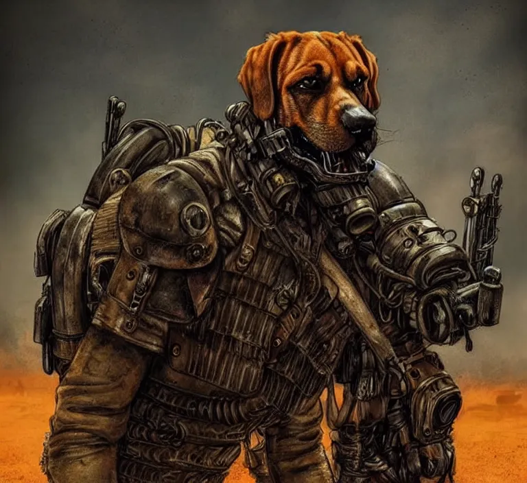 Image similar to a good ol'bloodhound pup fursona ( from the furry fandom ), heavily armed and armored facing down armageddon in a dark and gritty version from the makers of mad max : fury road. witness me.