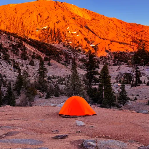 Image similar to an orange tent in the foreground of the sierra mountains at dawn, photo, 4 k