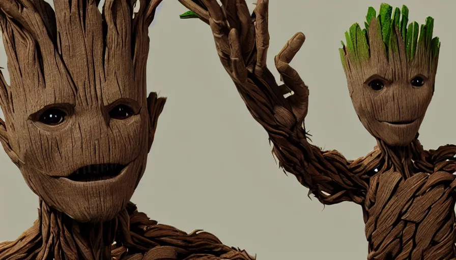 Image similar to realistic groot made of cardboard!! Cinematic, 8k, render, film still