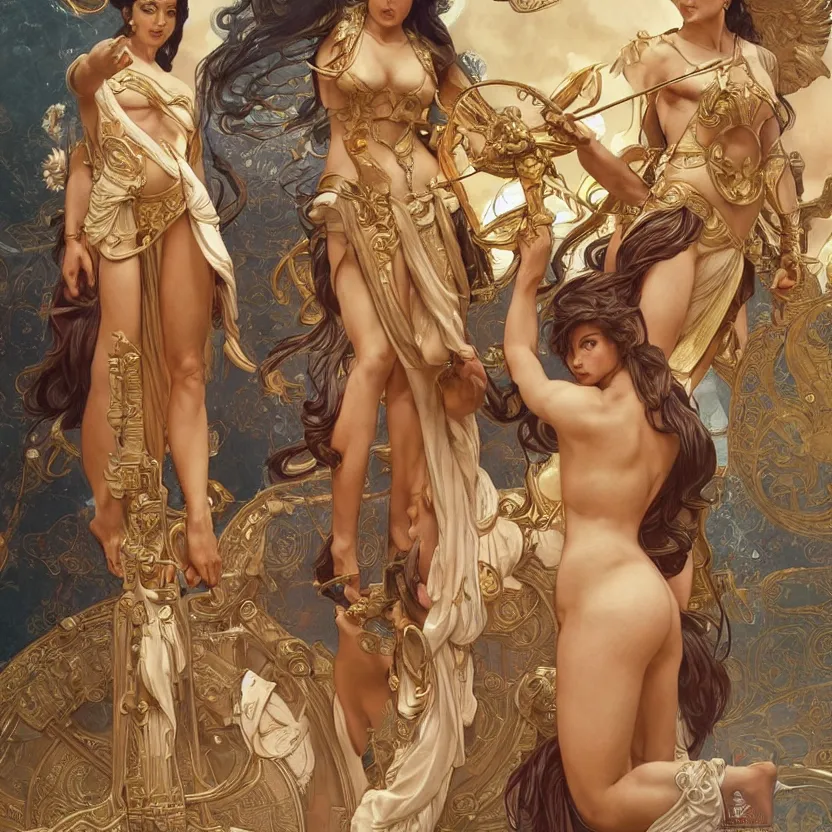 Image similar to symmetry!! intense fanart of 3 / 4 back pose of athena the goddess of war next to aphrodite the goddess of love, intricate, elegant, highly detailed, my rendition, digital painting, artstation, concept art, smooth, sharp focus, illustration, art by artgerm and greg rutkowski and alphonse mucha