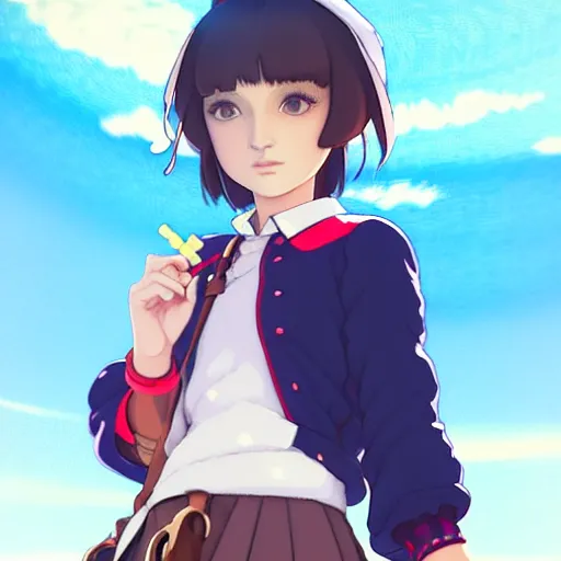 Image similar to a beautiful! boyish! natalie portman model, wearing catholic school girl outfit with mayan pattern and native style, jrpg aztec street fashion, gapmoe yandere grimdark, trending on pixiv fanbox, painted by greg rutkowski makoto shinkai takashi takeuchi studio ghibli, akihiko yoshida