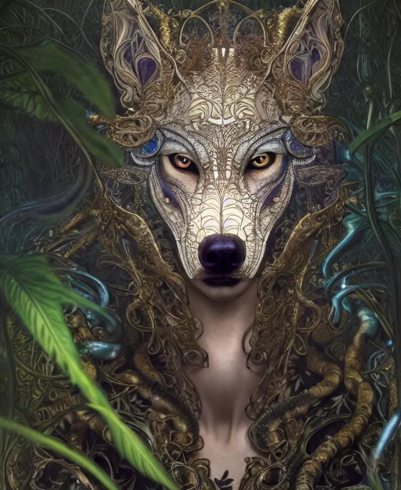 Image similar to intricate ornate opulent transparent clear see - through portrait of a terrifying beautiful male alien wolf, mottled coloring, adorable, childlike, overgrown jungle environment, ultra realistic, concept art, art nouveau, photorealistic, octane render, 8 k, unreal engine. art by christopher marley and artgerm and greg rutkowski and alphonse mucha