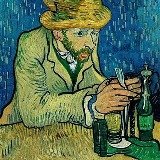 Image similar to van gogh drinking absinthe in a cafe, in the style of van gogh