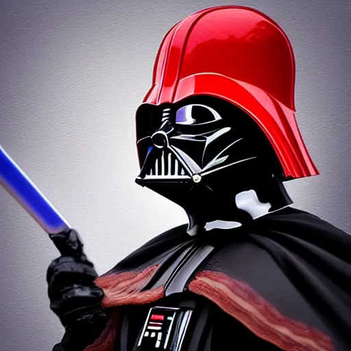 Prompt: darth vader putting stips of bacon on his helmet, digital art, photorealistic, hyperdetailed