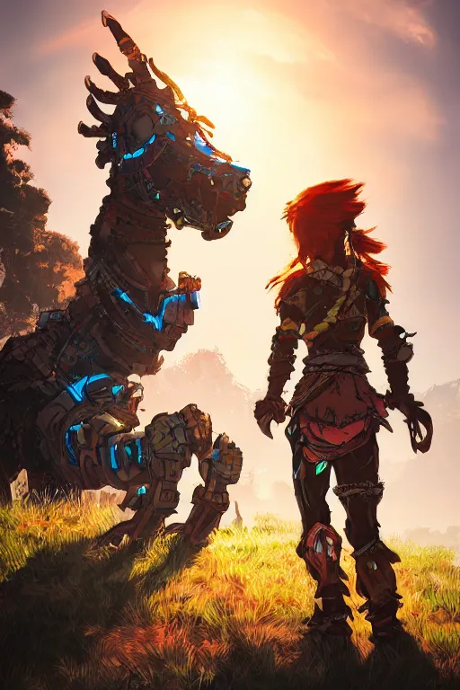 Image similar to combination suit armor aloy horizon forbidden west horizon zero dawn radiating a glowing aura global illumination ray tracing hdr fanart arstation by ian pesty and alena aenami artworks in 4 k tribal robot ninja mask helmet backpack