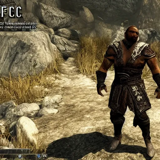 Image similar to character screenshot of ufc commentator daniel cormier dc in skyrim, warrior armor, npc talking, wilderness, 1 0 8 0 p, bokeh, elder scrolls v, detailed, dialog text