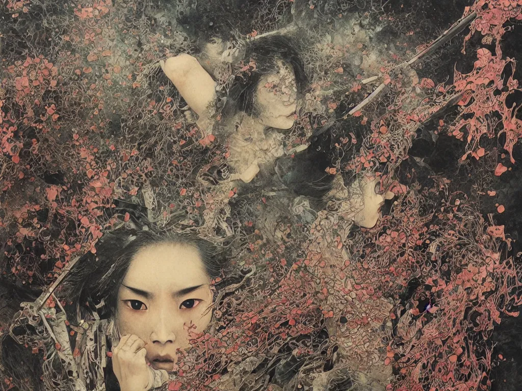 Image similar to Japanese schoolgirl runs away from Samurai with a katana on the subway, high detailed Beksinski painting, part by Adrian Ghenie and Gerhard Richter. art by Takato Yamamoto. masterpiece