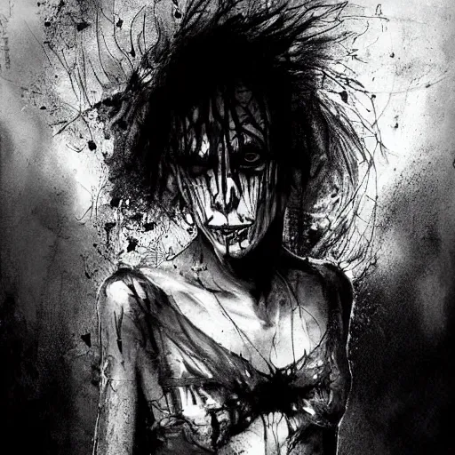 Image similar to emaciated ( the cure fan ) as dream from sandman, dim stars as eyes, by jeremy mann, by cedric peyravernay, by by russ mills, by richard avedon and ben templesmith, dramatic lightning, sadness, dark eye sockets, in the shadows, punk rock, gothic, high detailed, 8 k