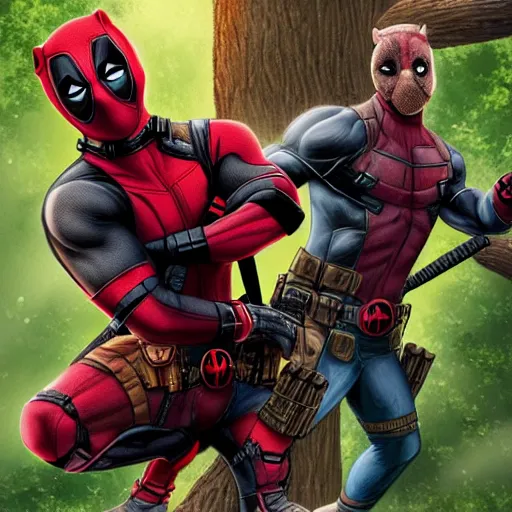 Image similar to deadpool and rocket raccoon in the woods digital art 4 k detailed