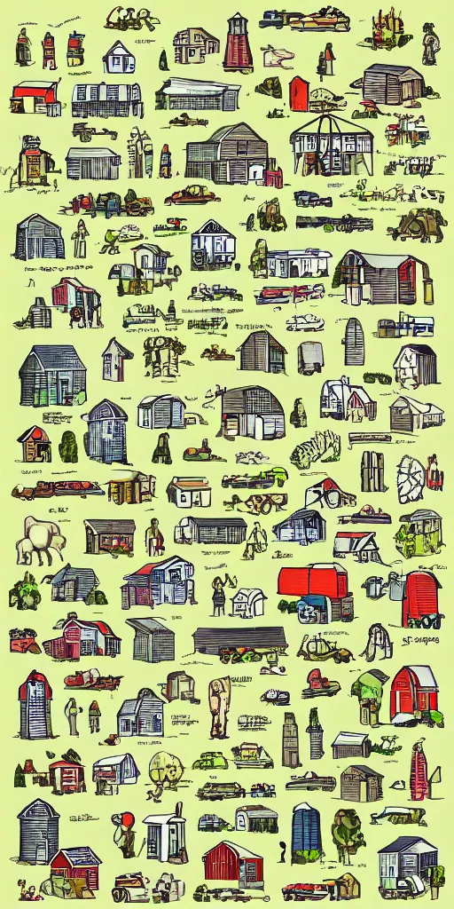 Image similar to Sketch Doodle diagram of different farms and building, industrial buildings, icons, people, tractors, animals, farm land, playful, settlers