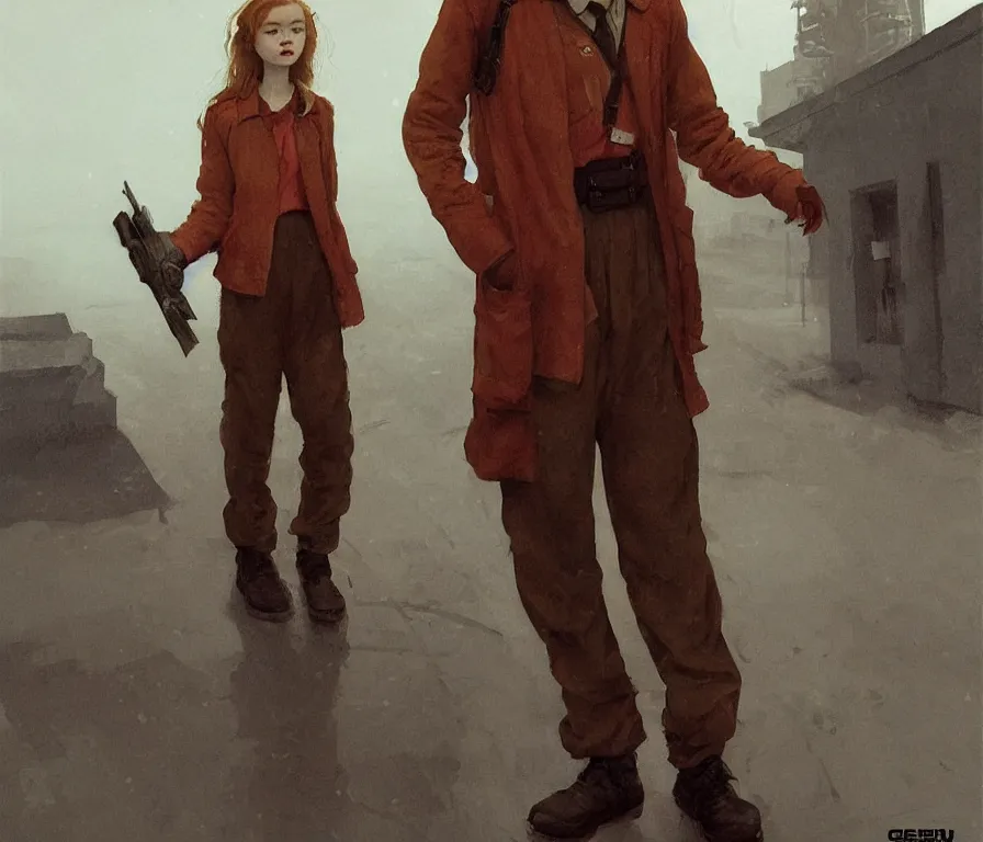 Prompt: sadie sink dressed as poor soviet student : costume concept for a scifi cyberpunk film. by greg rutkowski, john j. park, jason chan, noah bradley, feng zhu, gintas galvanauskas, gustave courbet, rosa bonheur, edward hopper. sharp focus, cinematic atmosphere, detailed and intricate, perfect anatomy