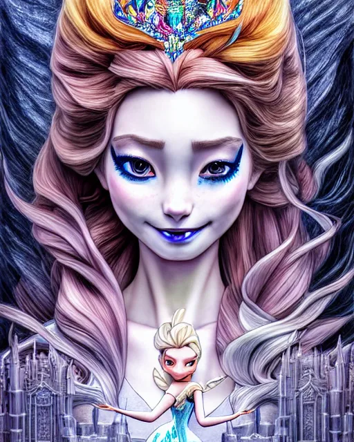 Image similar to ' princess elsa, insanity, demented, morbid, surreal ', beautiful shadowing, 3 d shadowing, reflective surfaces, illustrated completely, 8 k beautifully detailed pencil illustration, extremely hyper - detailed pencil illustration, intricate, epic composition, masterpiece, bold conflicting colors. stunning masterfully illustrated by artgerm, range murata, alphonse mucha, katsuhiro otomo.