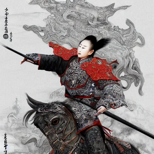 Image similar to dynamic composition, motion, ultra-detailed, incredibly detailed, a lot of details, amazing fine details and brush strokes, colorful and grayish palette, smooth, HD semirealistic anime CG concept art digital painting, watercolor oil painting of a Tang Ming dynasty chinese tao fantasy general wearing armor, from Three Kingdoms, by a Chinese artist at ArtStation, by Huang Guangjian, Fenghua Zhong, Ruan Jia, Xin Jin and Wei Chang. Realistic artwork of a Chinese videogame, gradients, gentle an harmonic grayish colors.