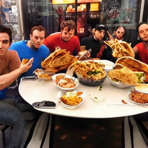 Prompt: avengers eating shawarma,