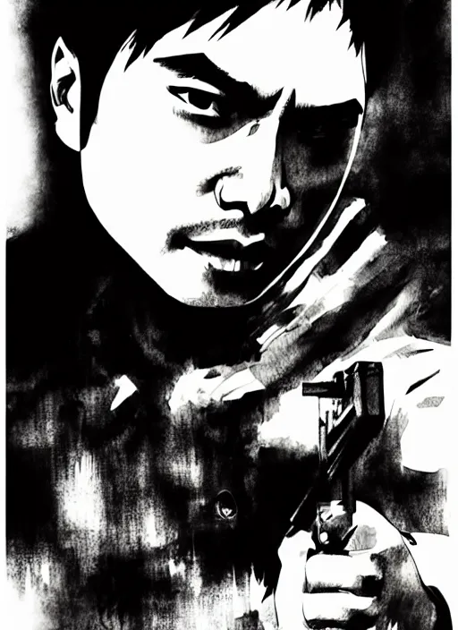 Prompt: coco martin from ang probinsyano in a poster shot, in the style of yoji shinkawa, ink on paper, gritty, dark hues