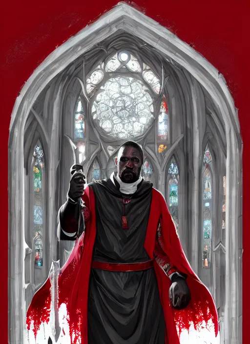 Prompt: a highly detailed illustration of idris elba as a sadistic white haired priest wearing red and white robe, dramatic smiling wielding blade of blood pose, gothic church background, intricate, elegant, highly detailed, centered, digital painting, artstation, concept art, smooth, sharp focus, league of legends concept art, wlop