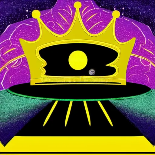 Image similar to a glowing crown sitting on a table with one beautiful eye mounted on it like a jewel, night time, vast cosmos, light rays, bold black lines, flat colors, minimal psychedelic 1 9 6 0 s poster illustration