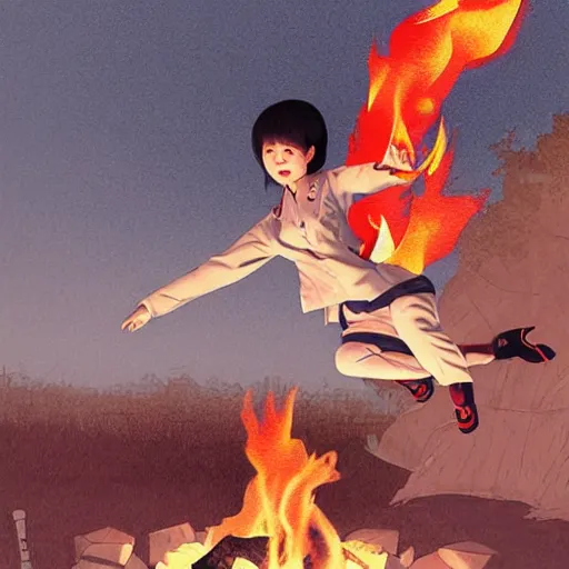 Prompt: a korean woman jumping over a campfire by ilya kuvshinov katsuhiro otomo