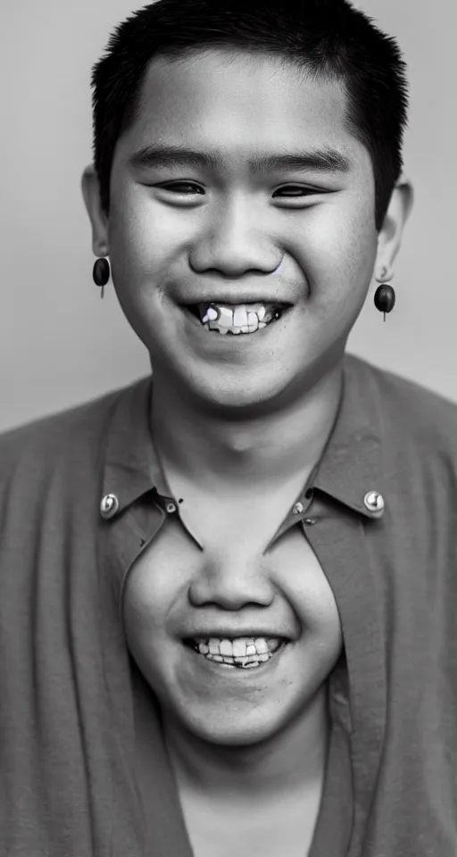 Image similar to close up photograph of just one single fat filipino teenage man smiling with crooked teeth, a curly perm, peach fuzz mustache, small studded earings, 4 k, photorealistic, high detail by yousuf karsh