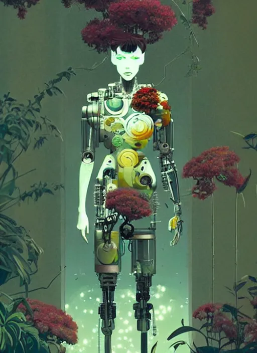 Image similar to a cyborg in some plants with flowers for a face by satoshi kon and greg rutkowski, 7 0's vintage sci - fi flat surreal design