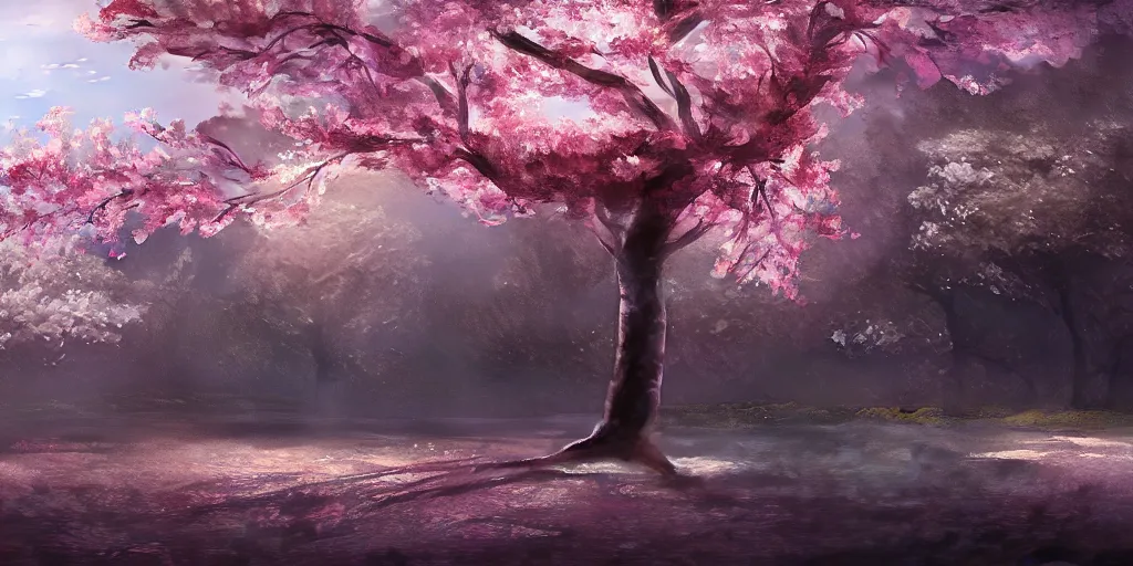 Prompt: a sakura tree, detailed oil painting, cinematic angle, hyperrealistic, breathtaking, volumetric lighting, dynamic, Studio Ghibli, digital art, octane render, epic composition, trending on artstation, masterpiece