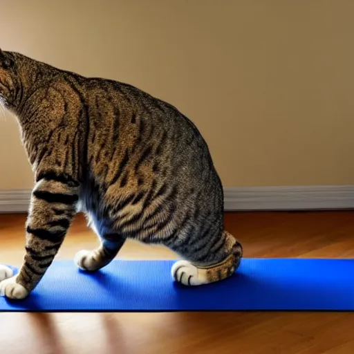 Image similar to highly detailed anthropomorphic cat doing yoga poses on long and thin scratchpost