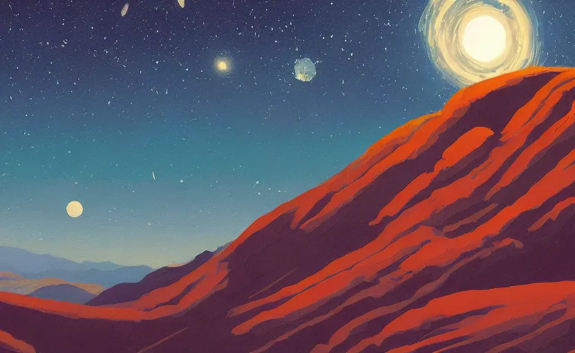 Prompt: mountains, stars and paisley filled sky, artstation, intricate, highly detailed, digital painting, concept art, sharp focus, illustration by Edward Hopper and James Jean